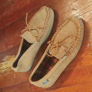 Green Flannel Lined Tan Moccasins Sz 12